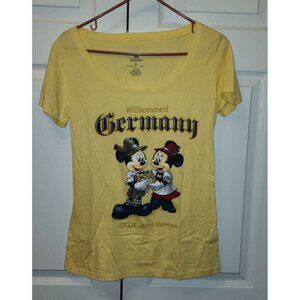 Women Disney Parks Yellow Epcot Germany Willkommen! Mickey Minnie Shirt Size XL